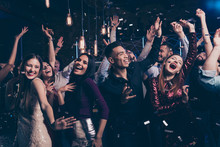 Portrait Cute Attractive Lovely Youth Millennial Person Laugh Excited Funny Funky Motion Having Fun Free Time Raise Fists Fromal Wear Suit Dress Fashionable Modern Magnificent Indoors Dance Floor