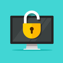 Computer Lock Open On Display Vector Illustration, Flat Cartoon Pc Screen With Open Padlock Icon, Authentication Or Crime Symbol, Unlocked Security Or Breaking Open Privacy Image