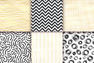 Wall Mural - Abstract hand drawn geometric simple minimalistic seamless patterns set. Black and white, golden background collection. Polka dot, stripes, waves, random symbols textures. Vector illustration