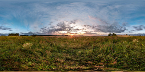 Wall Mural - full seamless spherical hdri panorama 360 degrees angle view among fields in summer evening sunset with beautiful clouds in equirectangular projection