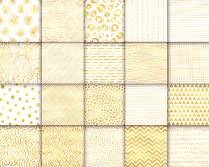 Wall Mural - Abstract hand drawn geometric simple minimalistic seamless patterns set. Bright luxury golden background collection. Polka dot, stripes, waves, random symbols textures. Vector illustration