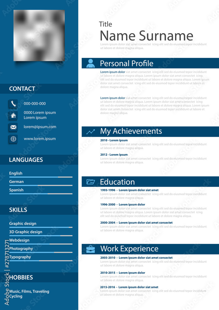 Professional personal resume cv with strips in blue design template - obrazy, fototapety, plakaty 
