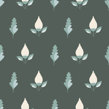 Delicate Hand Drawn Pastel Pink Buds And Muted Blue Green Leaves. Seamless Vector Pattern On Slate Grey Background With Urban Vibe. Great For Wellness, Beauty Products, Stationery, Home Decor