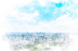 東京の風景 Tokyo city skyline , Japan. Illustration of watercolor painting style.