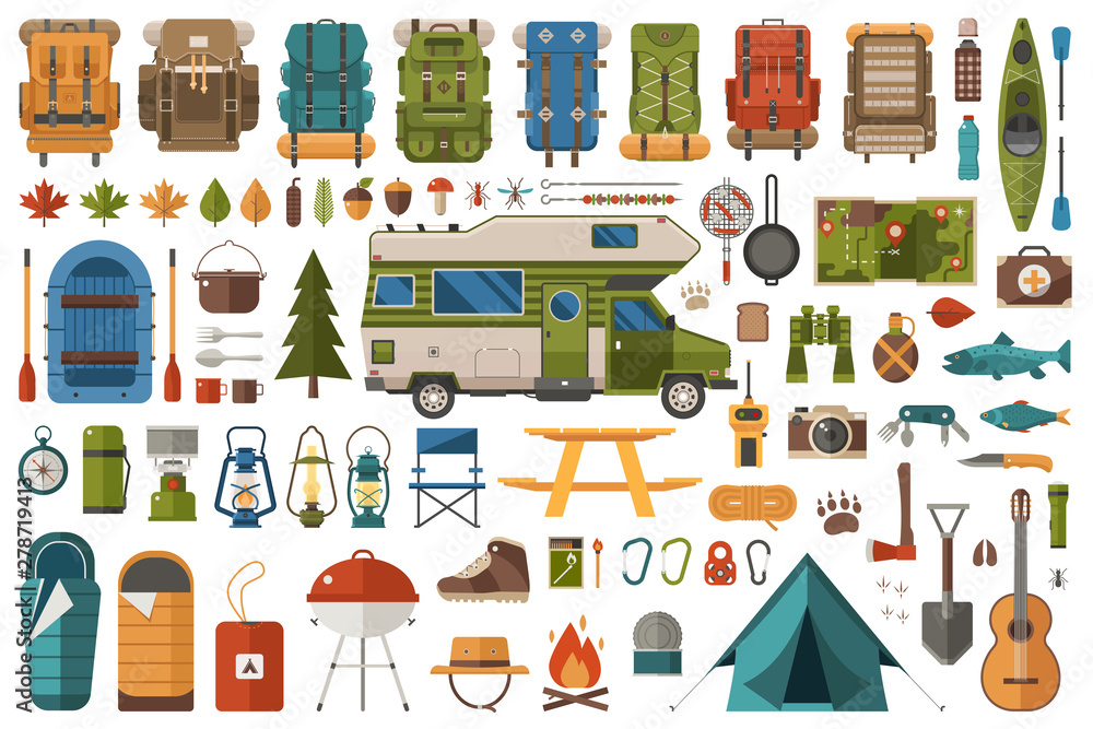 Hiking and Camping Flat Icons Wanderlust Collection - obrazy, fototapety, plakaty 