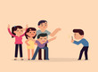 © by213 - Taking photo happy smiling friends with smartphone, young people having fun concept, vector flat illustration.