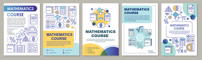 Mathematics course, math lessons brochure template layout. Flyer, booklet, leaflet print design with linear illustrations. Vector page layouts for magazines, annual reports, advertising posters