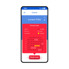 Movie seats booking smartphone interface vector template. Mobile app page design layout. Cinema, concert tickets purchase