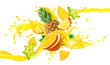 Leinwandbild Motiv Orange, pineapple, mango fruit juices liquid 3D splash mix. Healthy fruits juice or smoothie splash label ad banner design with orange, pineapple, mango fruits and juice splash wave isolated on white