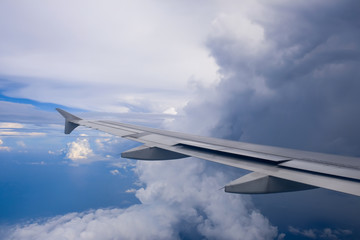 Aircraft wing on the blue sky with could background