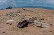 Polluted sand beach full of plastic bottles and other garbage the left by tourists during summer vacation, a car and people on the background. Planet pollution, environmental problem, contamination