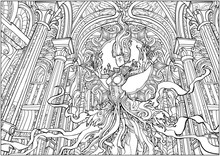 Coloring Book For Adults, The Witch Hovers In The Middle Of A Majestic Cathedral With Tall Columns.