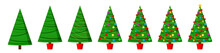 Set Christmas Tree Various Decoration Stages: Undecorated, Decorated With Garland, Decoration Balls, Bows, Stars, Star On Top Of Spruce Icon.