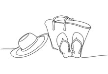 Continuous Line Drawing Of Summer Concept Of Sandy Beach, Straw Hat, Starfish, Bag, Sunglasses And Flip Flops On A Tropical Beach. Vector Illustration Isolated On White Background