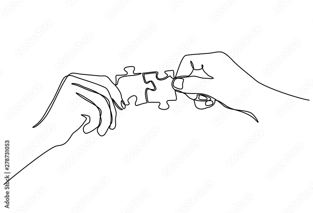 Combining Two Puzzles Continuous line drawing of hands Combining Two Puzzle Pieces isolated ...
