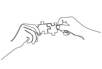 continuous line drawing of hands combining two puzzle pieces isolated on white background.