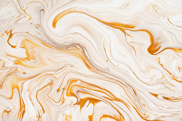 Wall Mural - Marble golden, orange and white raster texture. Mineral stone macro surface. Color liquid flow, fluid effect wallpaper. Acrylic, oil paints mixing dynamic backdrop.