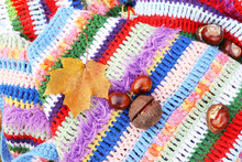 Autumn Background. Horse Chestnuts And Maple Leaf On Crocheted Bright Warm Striped Plaid.