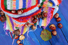 Autumn Background. Horse Chestnuts On Crocheted Bright Warm Striped Plaid On Blue Wooden Boards.