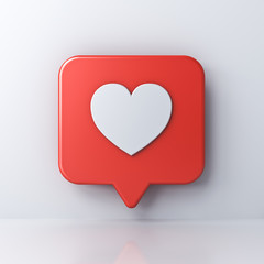 Poster - 3d social media notification love like heart icon in red rounded square pin isolated on white wall background with shadow and reflection 3D rendering