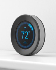 Wall Mural - Smart thermostat on a white stand against a white wall. 3d render. Angled view. Smart Home Series.