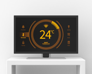 Poster - 28 inch widescreen television on a white stand against a white wall displaying a smart home control panel. 3d render. Front view. Smart Home Series.