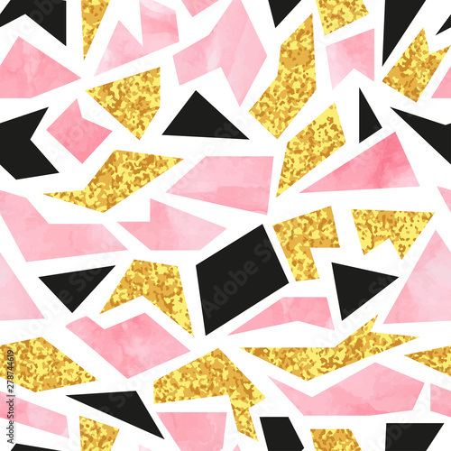 Seamless watercolor mosaic pattern. Abstract vector pink and golden background.
