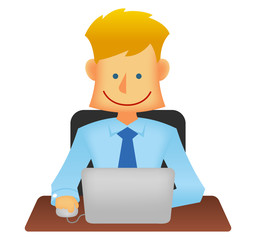 Poster - Young business person vector flat illustration (upper body) / working with a laptop computer