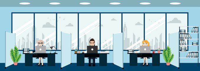 Wall Mural - Business people ,modern office interior with boss and employees. Creative office workspace and cartoon character style vector