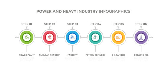 Wall Mural - Modern design elements for Power And Heavy Industry concept Multicolor infographics.Timeline with 6 steps, options, Circles. Vector template