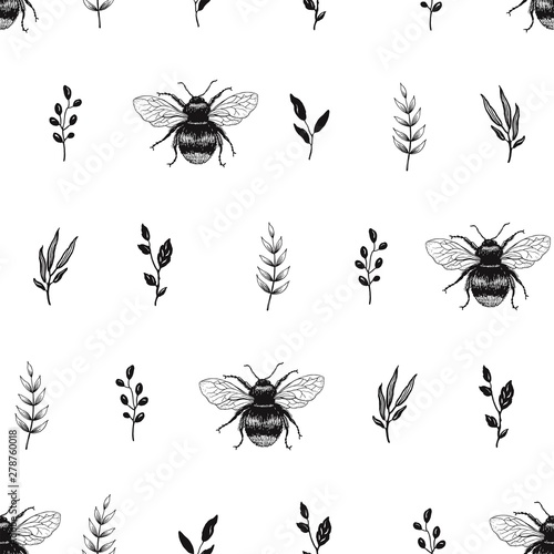 Stoffe zum Nähen Hand drawn seamless pattern with leaves and Bees. Vector nature illustration in minimalistic style.