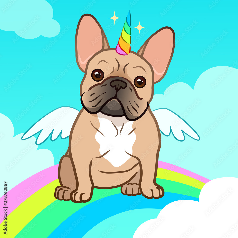 Unicorn french bulldog with horn and wings vector cartoon illustration.  Cute bulldog puppy dog in the sky with rainbow and clouds. Humorous, magic,  pets, mythical creatures, believe in yourself. Stock Vector |, image size:1000x1000