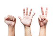 © Dilok - Hands sign of rock paper and scissors game on white background. Fighting and funny game for children.