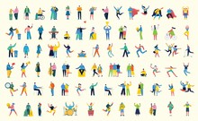 Vector Illustration In A Flat Style Of Different Activities People With Smarthones, Travelling, Dancing, Walking, Doing Business, Reading Books, Playing Musical Instruments