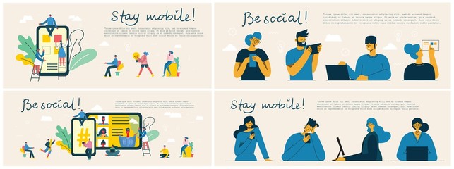 Be social! Stay mobile! Vector illustration of group of young people characters chatting, using smartphone for Website or Web Page. Concept of virtual communication and social network page.