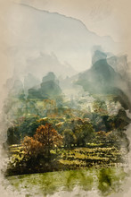 Digital Watercolour Painting Of Beautiful Autumn Fall Sunrise Foggy Landscape Image Over Countryside In Lake District In England