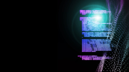 3D rendering of abstract technology background. Software coding on glowing led flare light on dot wave background.  Concept for software development life cycle (SDLC), Agile,  Scrum
