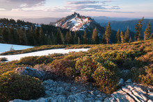 Rocky Mountains Covered With The Last Snow Near Mount Shasta Volcano. Castle Dome From Castle Crags State Park, Castle Crags Wilderness, California, USA