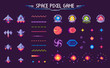 Space pixel game vector, isolated icons of 8 bit graphics, lines and planets, meteors with aliens and monsters, decorative elements of gaming process, pixelated cosmic object for mobile app games