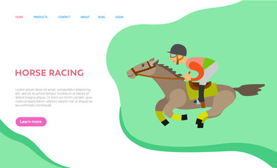 Horse racing vector, rider on animal, male wearing special clothes and helmet, equine sports participant, equestrian riding man with text. Website or webpage template, landing page flat style