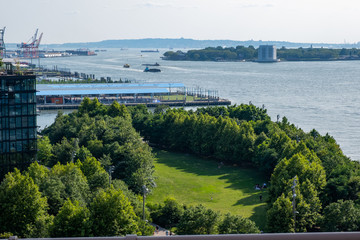 Brooklyn Bridge park and pier 2 in summer sunny daylight