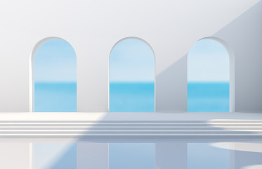 Wall Mural - Scene with geometrical forms, arch with a podium in natural day light. minimal landscape background. sea view. 3D render background.