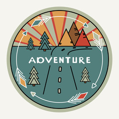 Round retro or vintage style. Outdoor decor for cars, travel. Mountains, pines, sunset. Inscription Adventure. The emblem of tourism. The symbol of the road. Club label for prints, clothes.