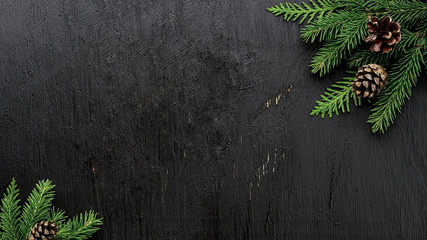 Christmas Fir tree branches and pine cones on a black wooden board