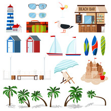 Summer Holiday Set Isolated On White Background: Sailboat, Surf Board, Sand Castle, Chaise Lounge, Hut, Seagull, Beach Bar, Palms. Sunglasses, Cocktail, Lighthouse. .