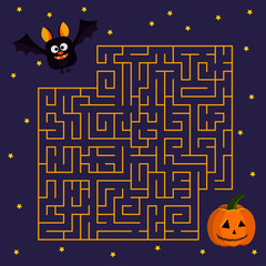 Wall Mural - Help cute bat to find right his friend halloween pumpkin in labyrinth Vector illustration in cartoon flat style.