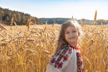 Little Beautiful Girl On The Rye Field In The National Russian Embroidered Shirt. Concept. Summer. Country Landscape. Retro Style. Vintage.