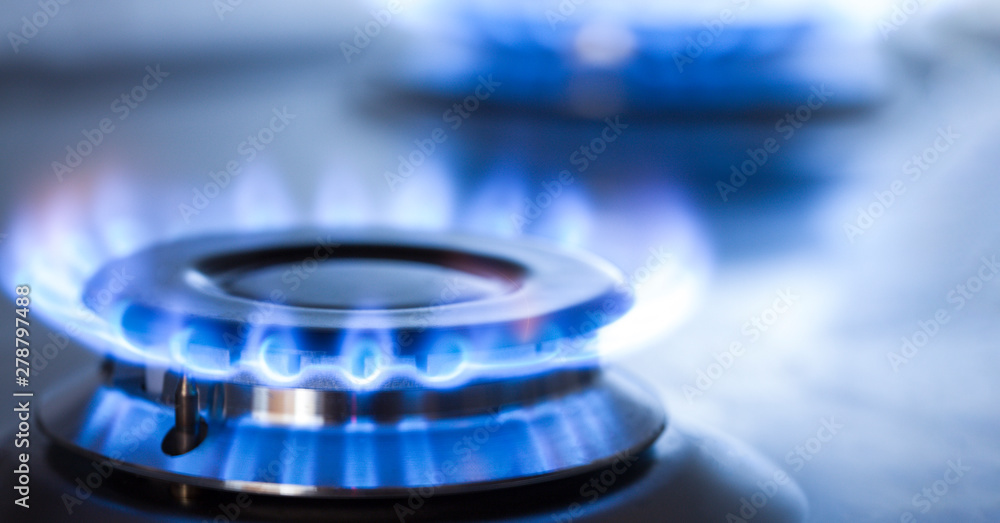 kitchen gas cooker with burning fire propane gas - obrazy, fototapety, plakaty 