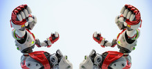 Two White-red Robotic Boxers Boxing, 3d Rendering On Light Background