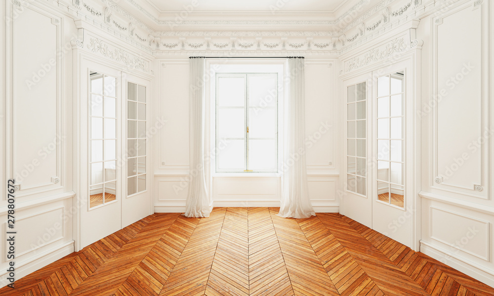 Classic wall interior and modern frame with parquet, empty room, 3d rendering - obrazy, fototapety, plakaty 